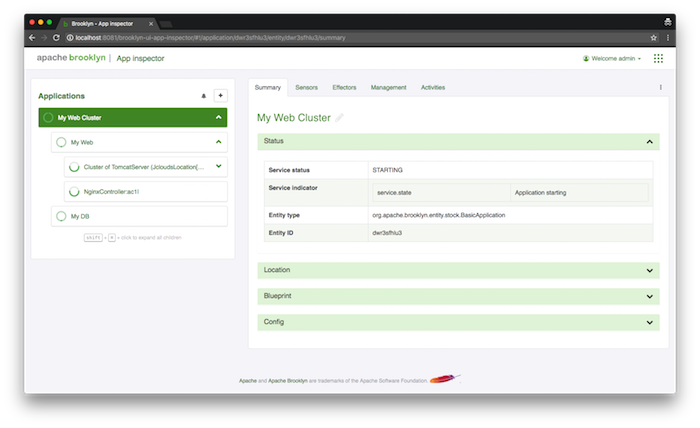 AMP web console, showing the application starting.