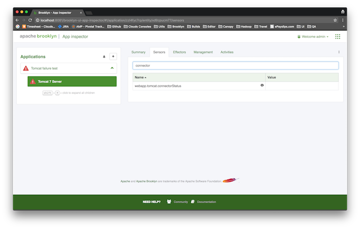 Sensors view in the AMP debug console.