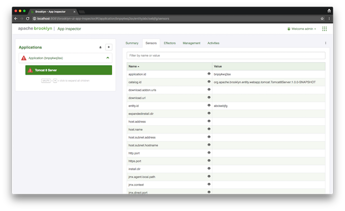 Sensors view in the AMP debug console.